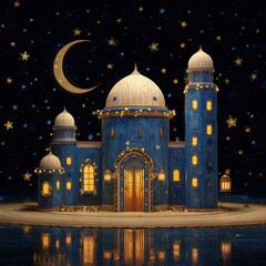 Mosque with Crescent Moon and Stars at Night, Blue Domes and Minarets, Islamic Architecture, Fantasy Scene for Ramadan or Eid Celebration
