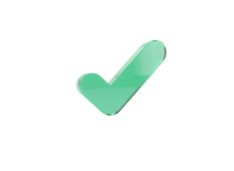 Frosted emerald green glassmorphism check mark icon floating isolated on a clean white background for modern app UI design with soft light reflections.
