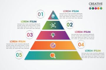 Colorful pyramid infographic template with five sections and icons
