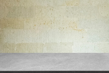 Marble countertop with light concrete wall background, ideal for product display, mockup, minimalist kitchen or bathroom interior, luxury texture design, clean and modern empty surface