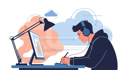 Young male graphic designer with headphones working on a digital drawing tablet with a computer and desk lamp in his workspace.