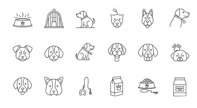 Collection of black and white line icons for pet care including various dog breeds a food bowl kennel leash and pet food bag.