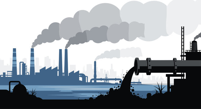 Industrial landscape showing a factory with smoking chimneys and a large pipe discharging toxic waste into a river causing water pollution.
