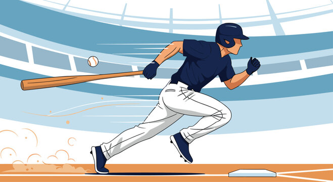 Baseball player in a blue uniform hitting the ball with a wooden bat and running towards first base during a game in a stadium.