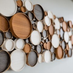 Decorative wooden and ceramic plates arrangement in a modern abstract pattern with neutral tones for interior design