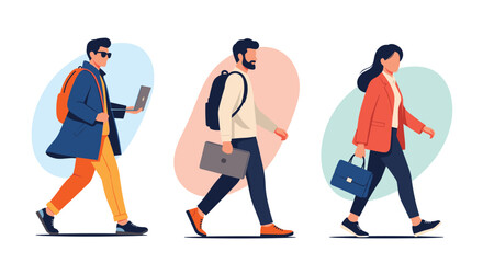 Fototapeta premium Set of three business people walking a man with a backpack a man with a laptop and a woman with a briefcase.