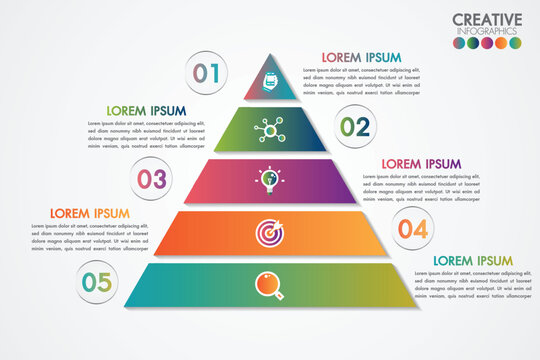 A colorful infographic template with a 5 tiered pyramid structure for data visualization