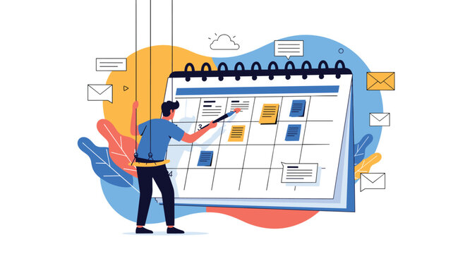 Man suspended on ropes uses a pointer to schedule tasks and appointments on a giant calendar for effective time management.