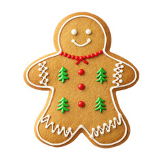 Deliciously baked, intricately decorated gingerbread man cookie with a warm brown color and crisp texture, playfully posed with white icing details outlining its, isolated on transparent background.