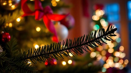 Ultra-realistic photograph of a cozy Christmas scene, warm festive lighting, deep reds and greens, shallow depth of field, a close-up shot focused on a decorated evergreen branch with bokeh lights
