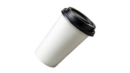 White Coffee Cup Leaning on Grey Surface with Black Lid isolated on transparent background