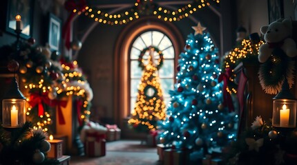 Ultra-realistic photograph of a festive Christmas scene, bathed in warm, inviting light, evoking a sense of holiday cheer