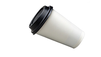 White Coffee Cup Leaning on Grey Surface with Black Lid isolated on transparent background