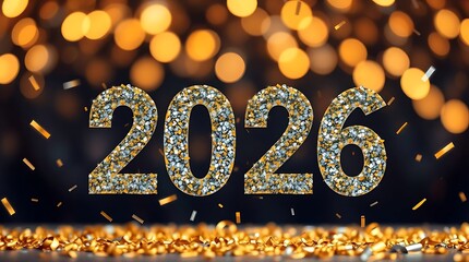 Ultra-realistic photograph, celebratory New Year 2026 text, vibrant golden and silver confetti, bokeh background, warm festive lighting