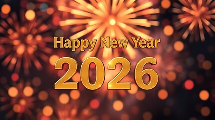 Ultra-realistic photograph, 'Happy New Year 2026' in bold, metallic gold lettering centered against a bokeh background of vibrant fireworks, celebratory atmosphere