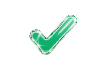 Frosted emerald green glassmorphism check mark icon floating isolated on a clean white background for modern app UI design with soft light reflections.
