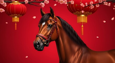 Happy Chinese Horse Year Festive Design With Red Lantern Background Chinese Year Celebration