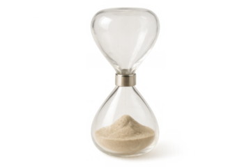 Clear hourglass showing sand flowing, measuring time, deadline passing, transparent background, timer for work and events