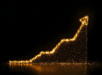 Golden particles forming upward trend graph on black background