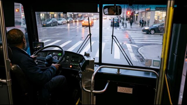 An elderly bus driver attentively watches the road and pedestrians crossing the wet street in front of the windshield while waiting at a busy city intersection