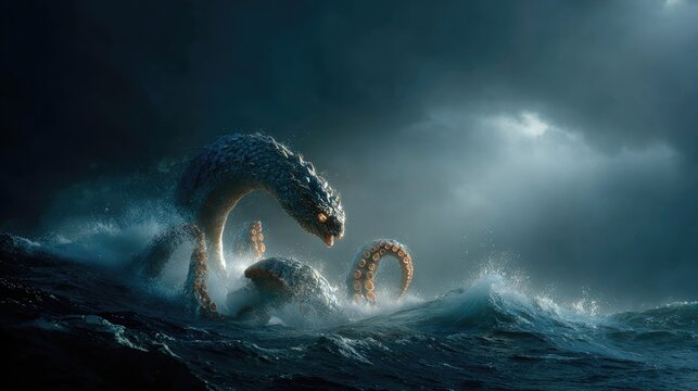 Colossal Legendary Sea Creature With Serpent Body and Kraken Tentacles
