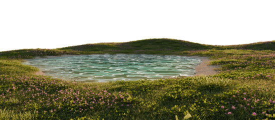 Calm Lake Shore With Green Meadow and Wildflowers Isolated on Transparent  Background. 3D rendering.
