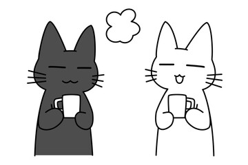 コーヒーブレイクでリラックスする黒猫と白猫の可愛いイラスト