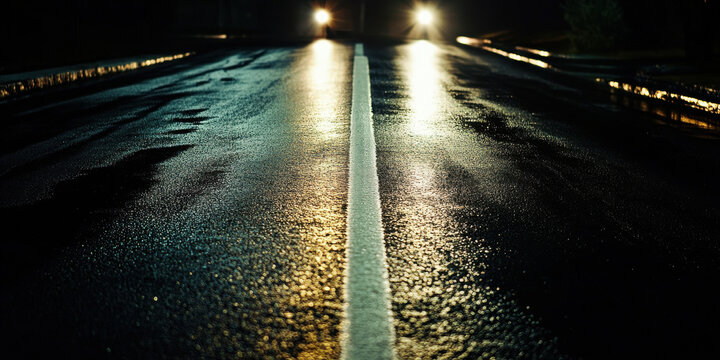 wet asphalt road with white center line leading to bright distant light on dark night background