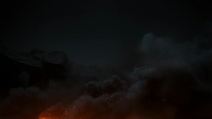 Dark smoke and fire embers rising in mysterious atmosphere