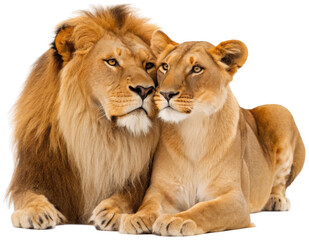 Two majestic adult lions, a male with a full, tawny mane and a female with a shorter, golden coat, are depicted in a close, affectionate pose, their heads gently, isolated on transparent background.