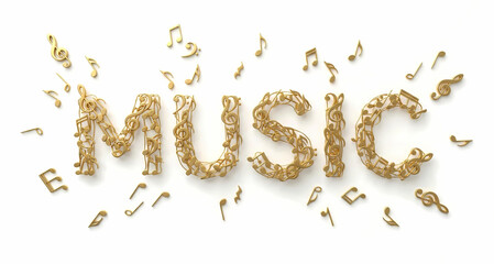 Music logo replaced with shiny golden glitter 3d music note letter on white background.
