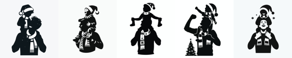 vector silhouette father carrying child on his shoulders at christmas