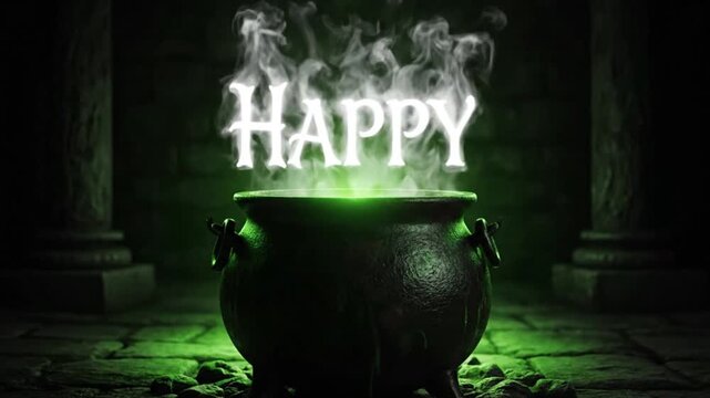 Mystical cauldron glowing green with steam forming the word HAPPY in a dark dungeon