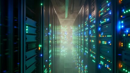 Glowing data center corridor with blinking server lights and futuristic technology ambiance - Powered by Adobe