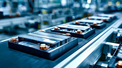 Battery modules moving along conveyor belt in manufacturing facility
