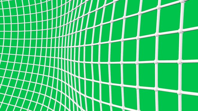Soccer Ball flies into Goal Net in Slow Motion. Beautiful Football 3d animation of the Goal Moment. Green Screen. 4k. Goal scored. Ball Hitting Goal Net on Green Screen Background.