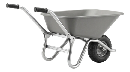 A lightweight foldable aluminum wheelbarrow, perfect for compact storage in small spaces.