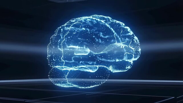 Futuristic glowing brain hologram in digital transformation sequence