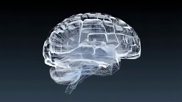 Transparent brain model rotates in digital environment showcasing neural connectivity