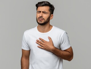 Young man in white t-shirt holds his chest, expressing discomfort, with a neutral background, conveying a sense of urgency and concern about health issues