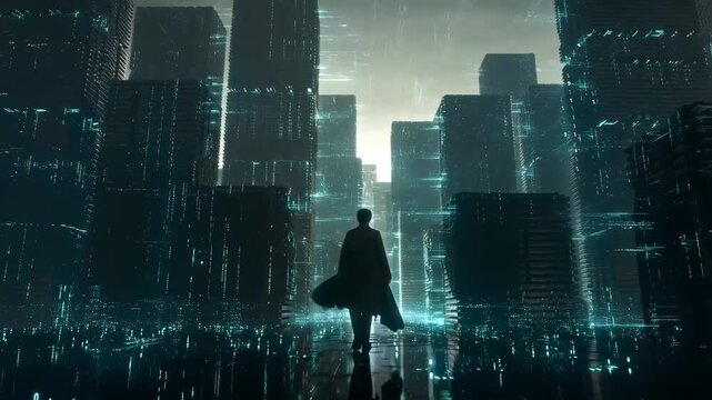 Mysterious silhouette navigating futuristic cityscape with neon lights and highrise structures