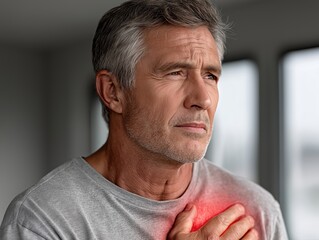 Fototapeta premium Middle-aged man with gray hair, wearing a gray shirt, is holding his chest in discomfort, illustrating the concept of heart attack and health awareness in a modern indoor setting