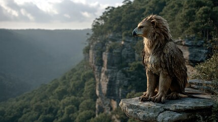 Mythical Griffin Overlooking Vast Natural Scenery
