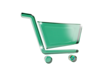 Frosted emerald green glassmorphism shopping cart icon floating isolated on a clean white background for modern app UI design with soft light reflections.