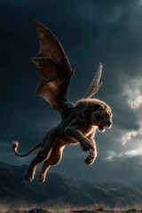 Manticore Hybrid Creature in Dramatic Natural Landscape

