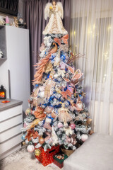 Cozy Christmas Home Interior with Christmas Tree, Fireplace, and Holiday Lights