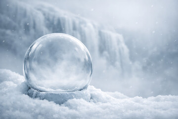 Minimalist empty glass snow globe sitting in deep powder snow with a soft hazy winter waterfall background and subtle falling snowflakes for copy space