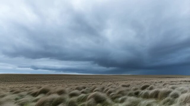 Dramatic storm clouds rolling over windy grassland landscape