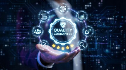Businessman presenting quality guarantee concept with glowing icons