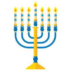 Flat vector illustration of a traditional Jewish menorah with seven lit candles, symbolizing Hanukkah.